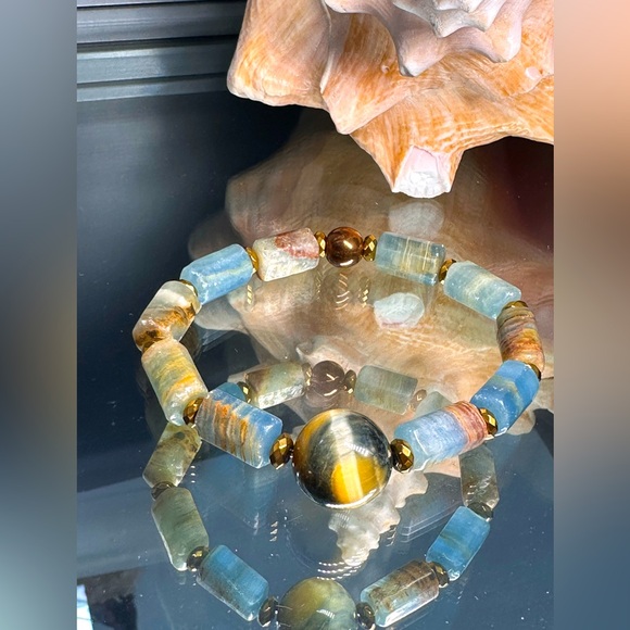 LEMURIAN AQUATINE BARRELS + YELLOW TIGERS NATURAL STONES BRACELET size 7” - Picture 3 of 10